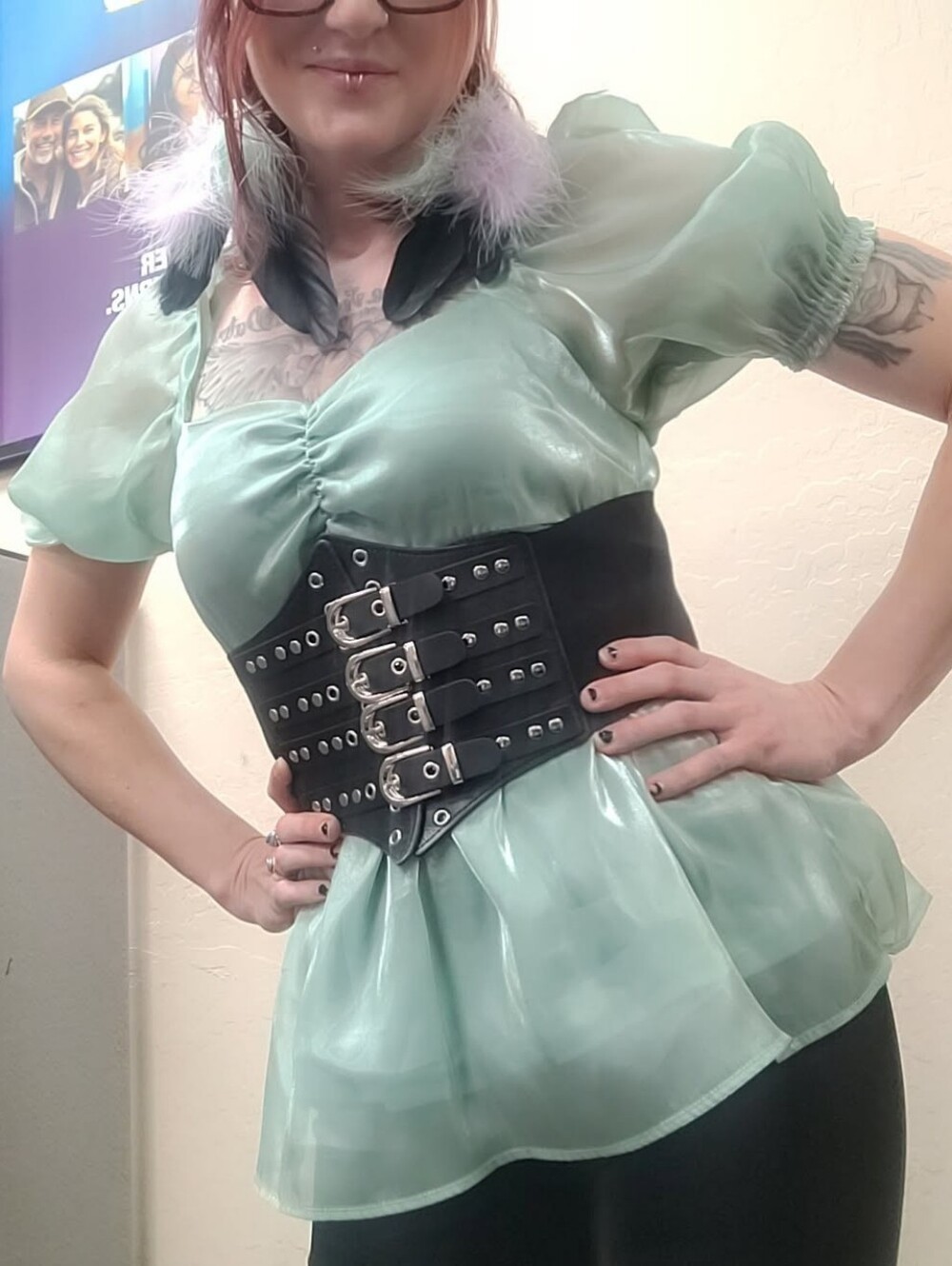 Vintage Pastel Green Shimmer Chiffon Puff Sleeve Sweetheart Babydoll Top Small